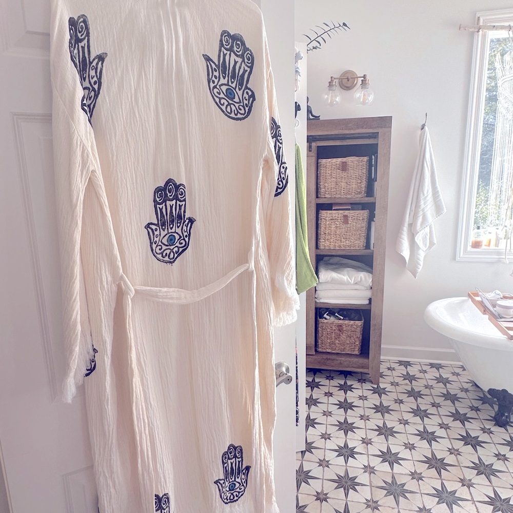 Gorgeous boho robe pool coverup with evil eye print and fringe bottom stunning!!